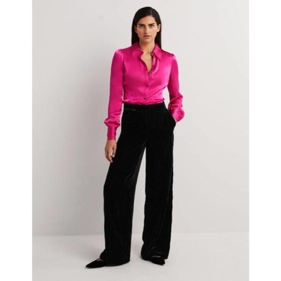 Boden Womens Velvet Pants UK 12R US 8 R Trouser Black Wide Leg R0222 NWT - Picture 1 of 12